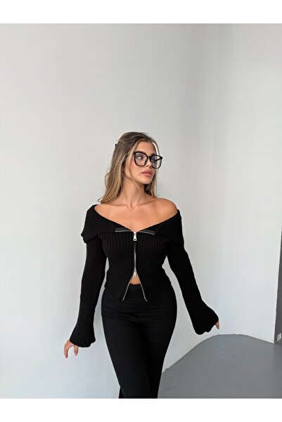 İLKCET MODA Чорний трикотажний кардиган з подвійною застібкою та коміром-стійкою