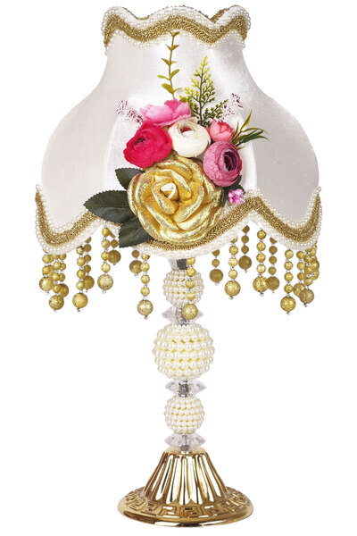 Dekovien Gold White Velvet Covered Flower Decorated Lampshade