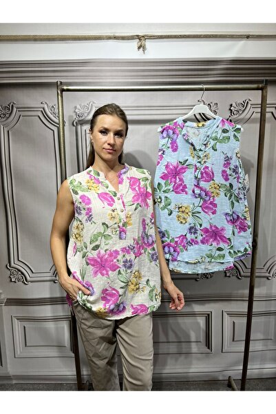 Butik Ayseba Park Moda Kadın Sıfır Kol Desenli İtalyan Keten Gömlek Bluz