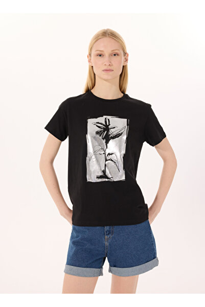 LİMON COMPANY Limon Yuvarlak Yaka Baskılı Siyah Kadın T-Shirt L5SL-TST5816