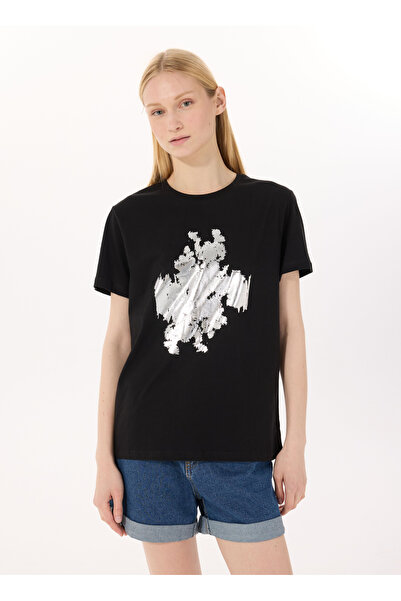 LİMON COMPANY Limon Yuvarlak Yaka Baskılı Siyah Kadın T-Shirt L5SL-TST5814