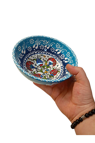 Salizera El Yapımı Çini Motifli Seramik Kase-16 cm Çap,6,5 cm Yükseklik-Etnik Otantik Çini Desenli