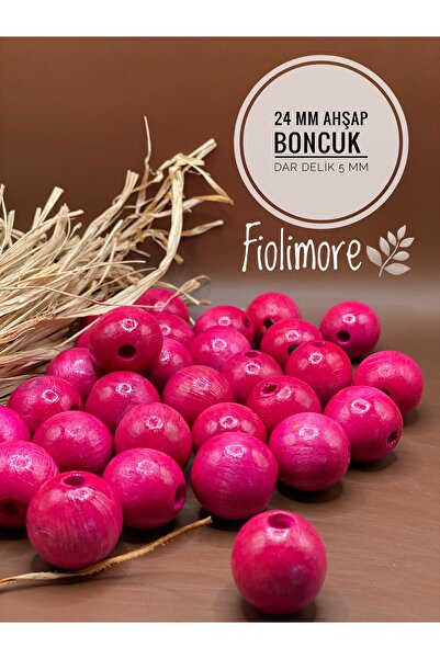 Fiolimore 24 ملم خرز خشبي وردي فوشيا (50 جرام 11 قطعة) قطر الفتحة الضيقة 5 مل...