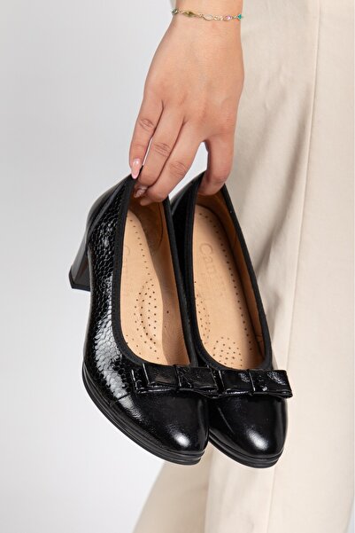 CANİLH حذاء نسائي بكعب يومي من الجلد الطبيعي باللون الأسود