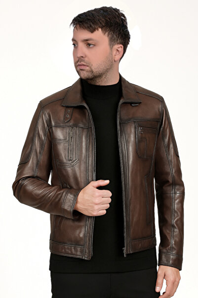 DERİJE سترة مبابي الرجالية من الجلد الطبيعي بلون الكستناء الداكن