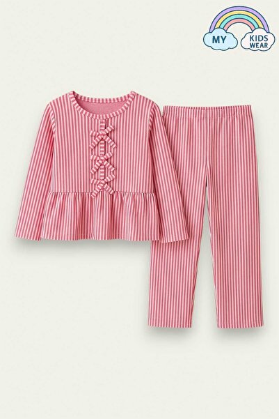 My Kids Wear Girl's Striped Ruffle Pajama Set 5-16 Years 12044