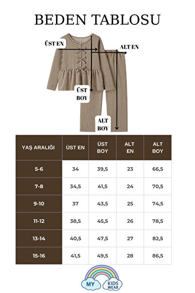 My Kids Wear Girl's Striped Ruffle Pajama Set 5-16 Years 12048