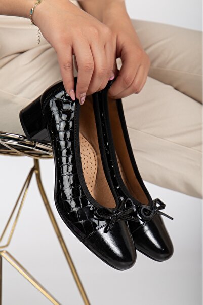 CANİLH Genuine Leather Black Casual Heeled Women's Shoes