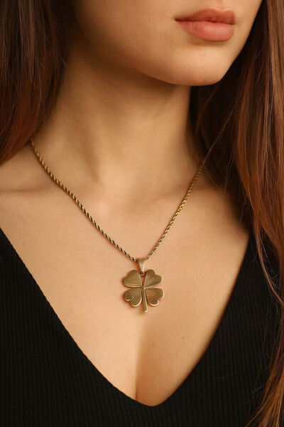 TREND COLLECTİON Gold Paslanmaz Çelik Burma Zincirli Yonca Model Kadın Kolye