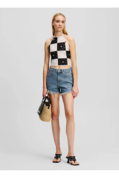Karl Lagerfeld Jeans Bebe Yaka Kareli Siyah - Beyaz Kadın Bluz A2W18003