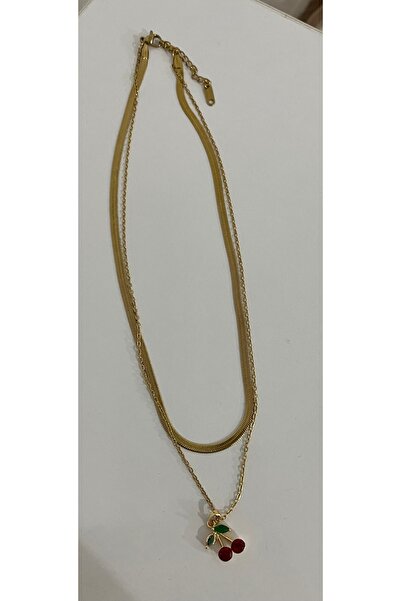 stainles steel Çelik İki Zincirde Kirazlı Kolye /İtalyan Ezme ve ince zincir bir arada