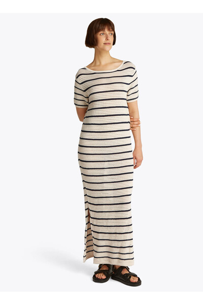 Tommy Hilfiger Yuvarlak Yaka Beyaz Midi Kadın Elbise WW0WW444890FB