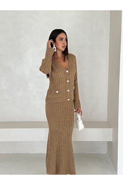 Brantu Long Sleeve Pocketed Button Detailed Women's Beige Knitwear Long Skirt Set
