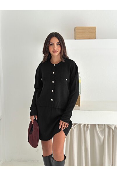 Brantu Pearl Buttoned Long Sleeve Women's Black Knitwear Skirt Set with Pockets