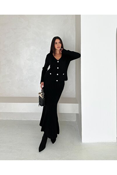 Brantu Long Sleeve Pocketed Button Detailed Women's Black Knitwear Long Skirt Set