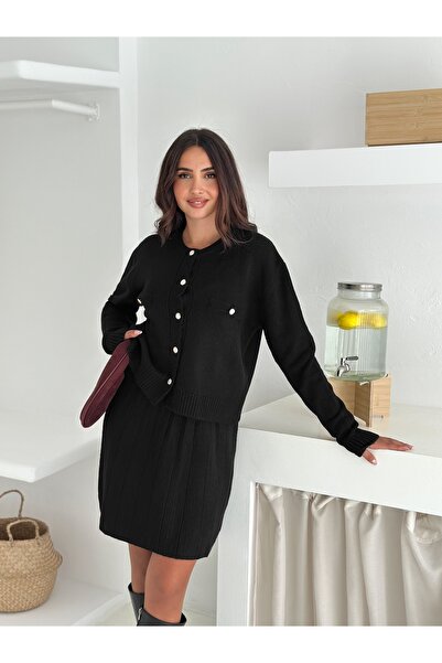 Brantu Pearl Buttoned Long Sleeve Women's Black Knitwear Skirt Set with Pockets