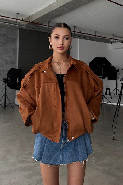 NET OF NOT Oversize Kadın Bomber Camel Süet Deri Ceket
