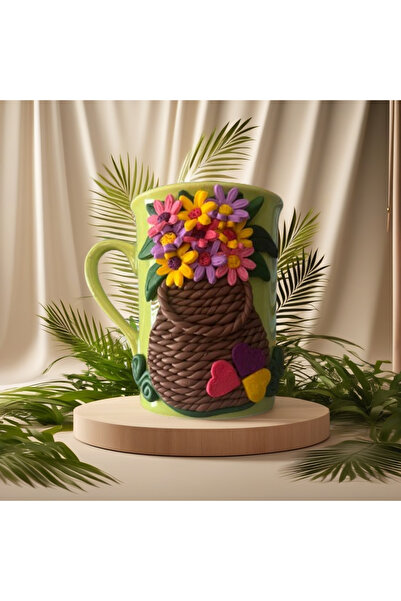 MAKARON SANAT YEŞİL BARDAKTA HASIR VAZO RENGARENK PAPATYA DEMETİ ÖZEL TASARIM...