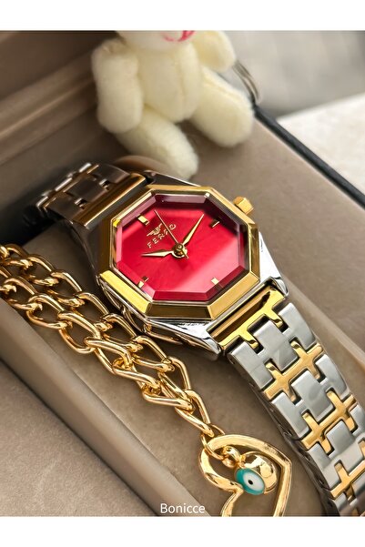 FERRO Kırmızı Gümüş Çelik Kordon Su Geçirmez Garantili Kadın Kol Saati+bileklik