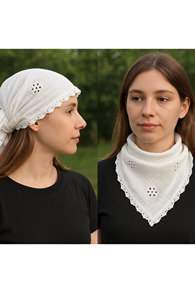 Mufincollection Lace White Muslin Bandana, Self-Tie | 100% Cotton
