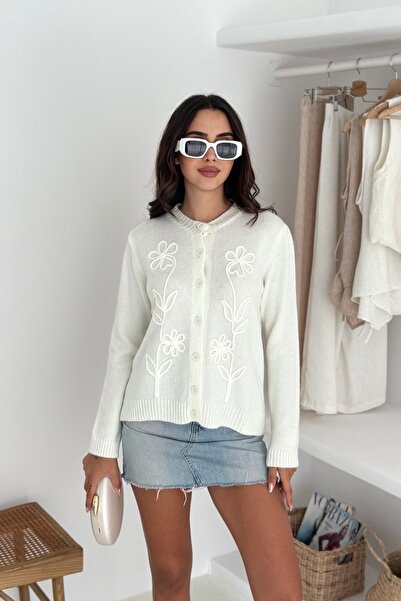 Noi Belis Pattern Embroidered Soft Textured Knitwear Cardigan Aw25Hi0020