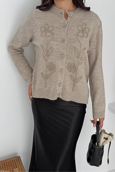 Noi Belis Pattern Embroidered Soft Textured Knitwear Cardigan Aw25Hi0020