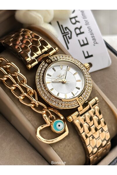 FERRO Marka Gümüş Renk Çelik Kordon, Taşlı Kasa Kadın Kol Saati Kalpli Bileklik