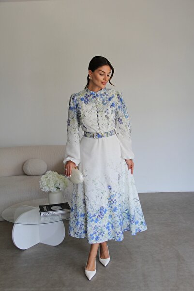 Julidress Rochie din in cu design premium, lungime midi, cu guler înalt, cu detaliu de nasturi cu model și cu centură