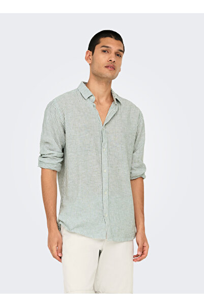 Only & Sons Slim Fit Açık Yeşil Çizgili Erkek Gömlek ONSCAIDEN LIFE LS STRIPE LINEN 660