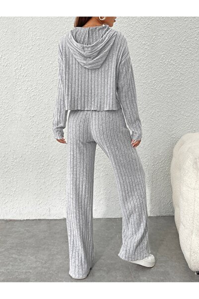 poswicon Gray Hooded Corduroy Wide-Leg Pants and Top Set