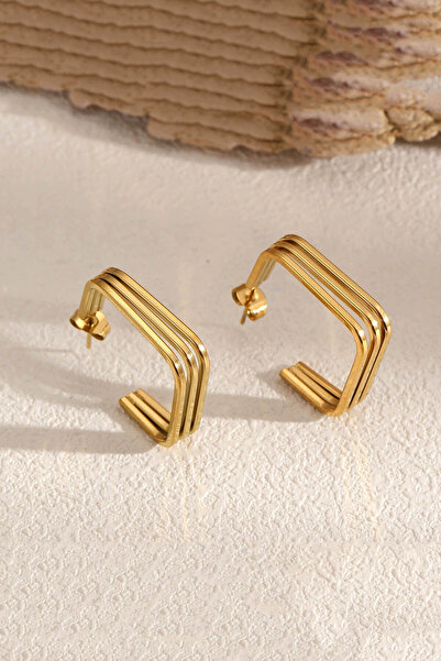 TREND COLLECTİON Modern Kare Tasarım Altın Kaplama Kadın Çelik Küpe