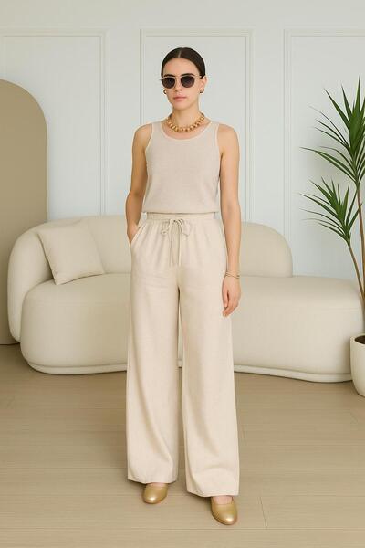 STRAİGHTAWAY Linen Cotton Blend Loose Fit Ecru Trousers