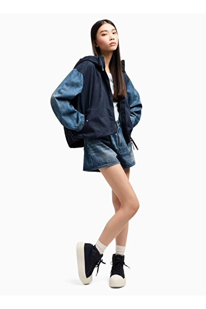 Armani Exchange Kadın Eskitme Desenli Yüksek Bel Pamuklu Denim Lacivert Şort XW000135 AF12845-MB001