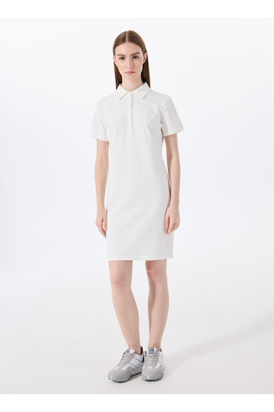 Jeep Polo Yaka Düz Kırık Beyaz Mini Kadın Elbise J5SL-ELB7100