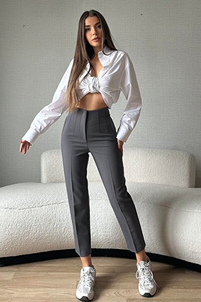 A&O Style Women's Gray High Waist Carrot Model Fabric Trousers with Pockets on the Front