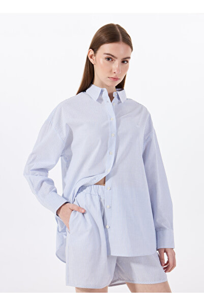 Mustang Loose Fit Gömlek Yaka Çizgili Mavi - Beyaz Kadın Gömlek M5SL-GML1695