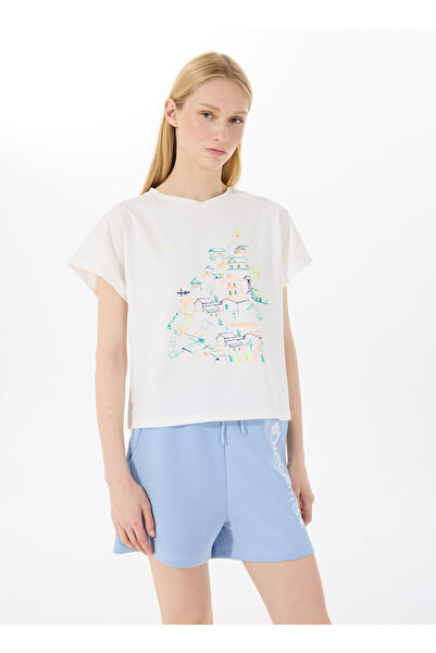 Discovery Expedition D5SL-TST3504 Beyaz Bisiklet Yaka Relaxed Baskılı Kadın T...