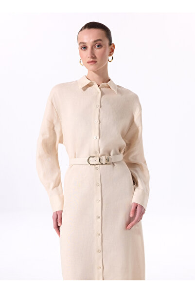FABRIKA COMFORT Bej Kadın Gömlek Yaka Rahat Kalıp Elbise FC5SL-ELB0266