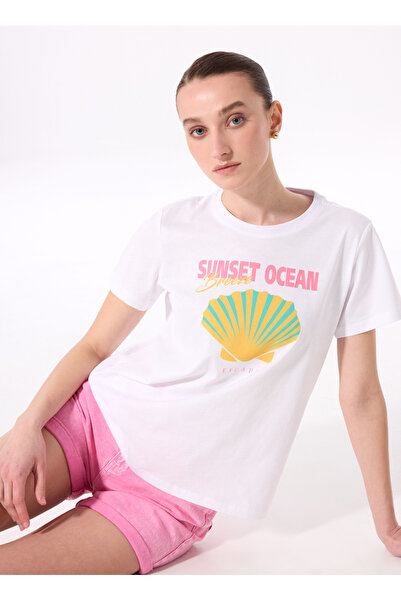 Fabrika Bisiklet Yaka Baskılı Beyaz Kadın T-Shirt F5SL-TST0430