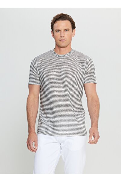 ALTINYILDIZ CLASSICS Ανδρικό μπλουζάκι με ριγέ λαιμόκοψη λευκό - γκρι ACE091252395_BGR