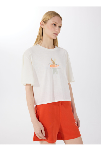 Discovery Expedition D5SL-TST3508 Beyaz Bisiklet Yaka Relaxed Baskılı Kadın T...