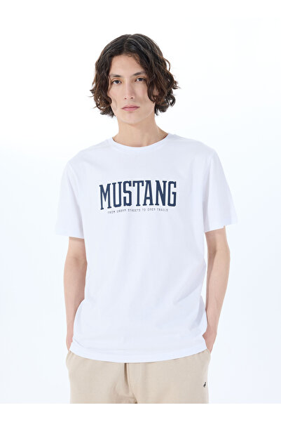 Mustang Bisiklet Yaka Baskılı Beyaz Erkek T-Shirt M5SM-TST1291
