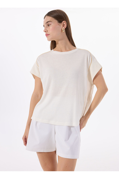 FABRIKA COMFORT Bisiklet Yaka Taşlı Ekru Kadın T-Shirt FC5SL-TST0116