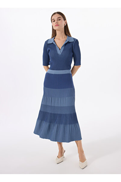 Fabrika Mavi Kadın Midi Lastikli Relaxed Piliseli Triko Etek F5SL-ETK0248-E