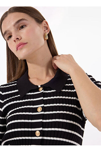 Fabrika Siyah - Ekru Kadın Çizgili Hırka F5SL-HRK0106
