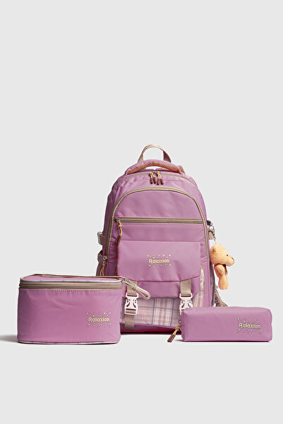 Fiyaka Rlx-1396 Set of 3 Children's Primary School Bag Backpack with Pen Holder and Lunch Bag Pink-Pink