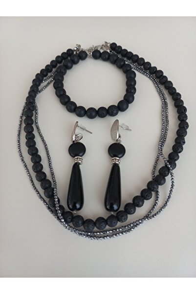 LemaStone Terahertz and Lava Stone Necklace Set (Necklace, Bracelet and Earrings)