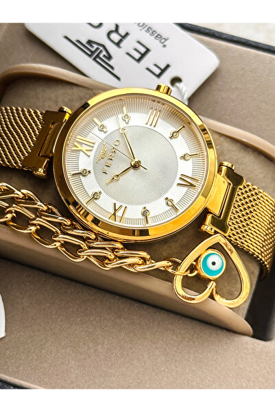 FERRO Sarı Renk Çelik Kordon, Su Geçirmez, Garantili, Kadın Kol Saati+bileklik