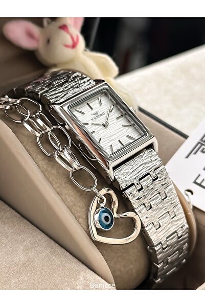 FERRO Brand Steel Cord, Silver Color, Small Cornered Case Women's Wrist Watch + Evil Eye Beaded Bracelet
