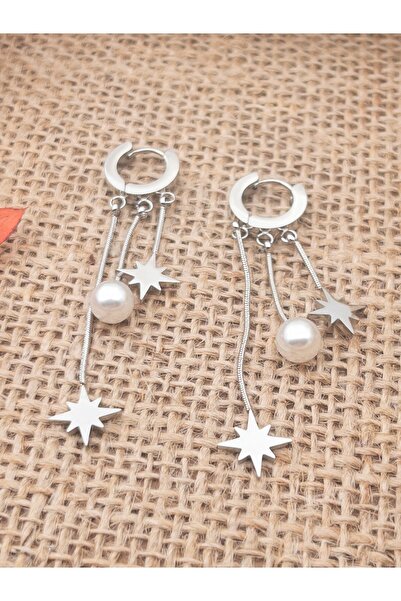 Siya Silver Uzun Püsküllü Kararmaz Çelik Yıldızlı İncili Çelik Küpe